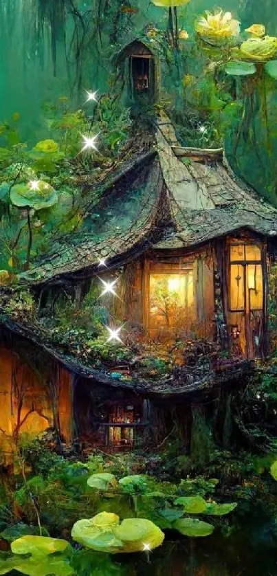 Fantasy cottage in a lush forest with glowing lights and lily pads.