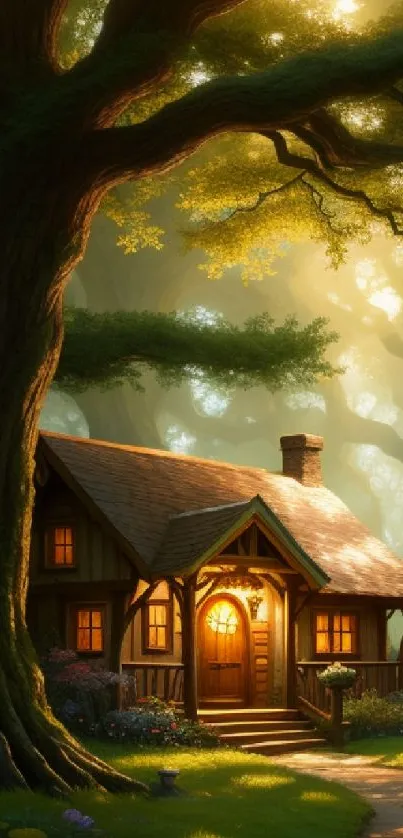 Cozy cottage in an enchanted forest with illuminating light filtering through trees.