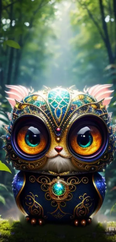 Jewel-adorned owl creature in a lush green forest wallpaper.