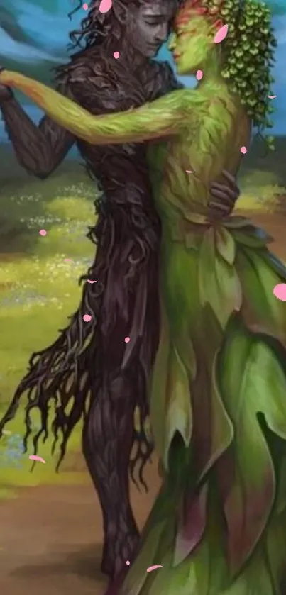 Magical forest dance between fantasy figures in nature-inspired attire.