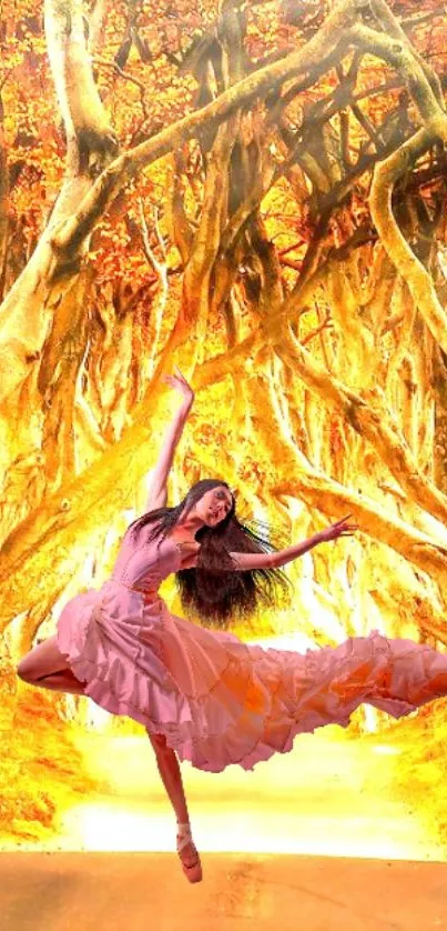 Dancer leaping in a golden forest path.