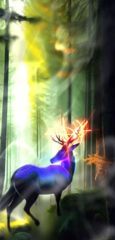 Ethereal deer in a glowing forest with vibrant colors and mystical light beams.