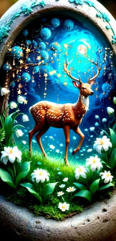 Fantasy deer in enchanted forest wallpaper with flowers and starry sky.