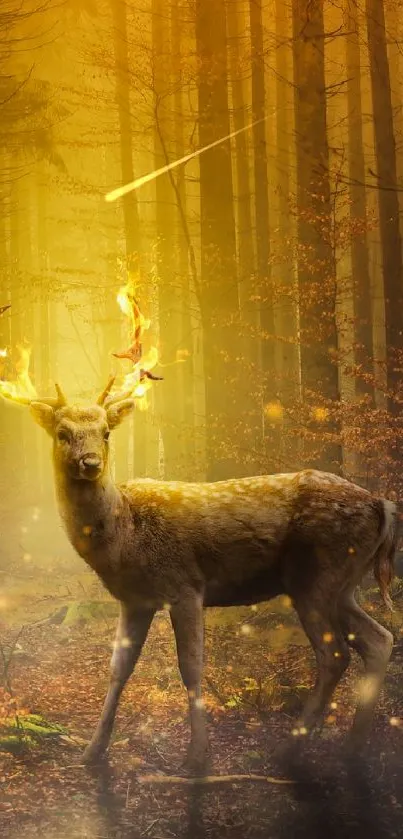 Glowing deer in an enchanted forest with golden light surrounding.