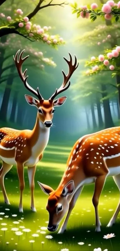 Two deer in a lush green forest with blooming flowers and sunlight filtering through trees.