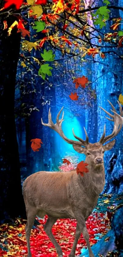 Majestic deer in a vibrant blue forest with colorful autumn leaves.