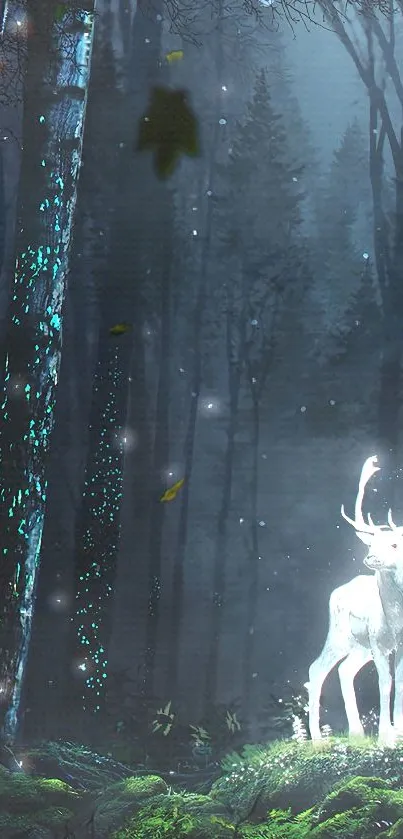 Glowing deer in an enchanted dark forest wallpaper.