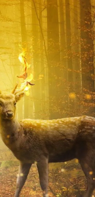 Majestic deer with flaming antlers in mystical forest landscape.