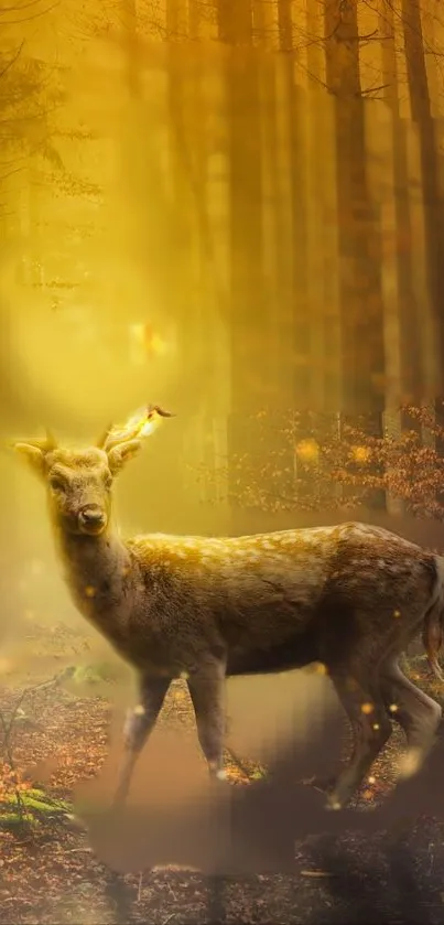 Enchanted forest wallpaper with a deer illuminated by golden light.