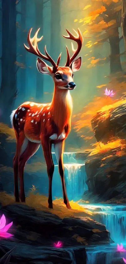 Majestic deer standing in a mystical forest with glowing lotus flowers.