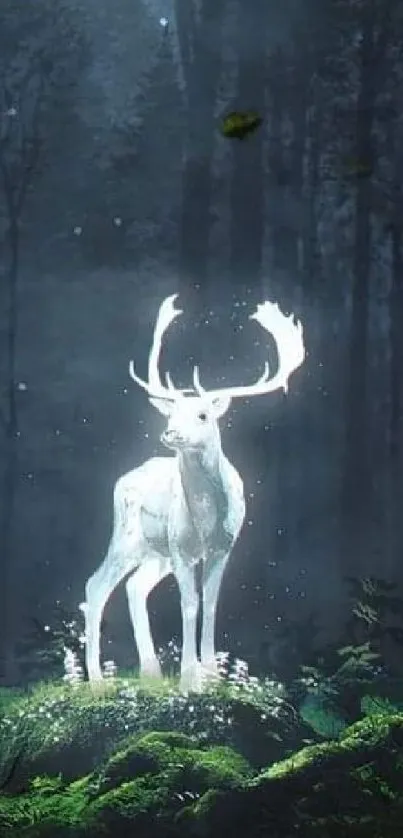 Radiant deer stands in an enchanted forest with ethereal light.