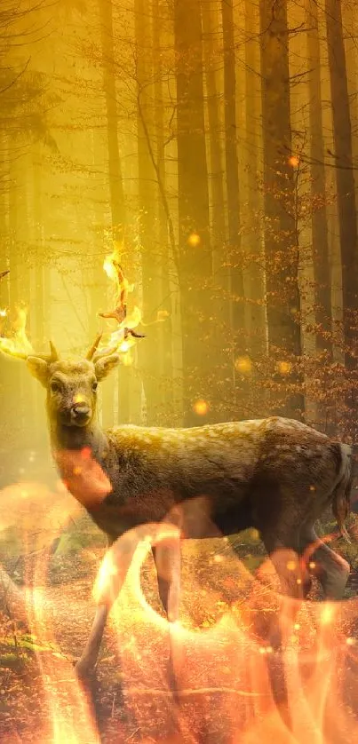 A glowing deer in an enchanted forest with a mystical golden ambiance.