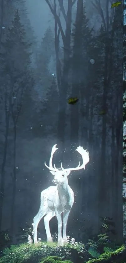 Mystical glowing deer in dark forest wallpaper.