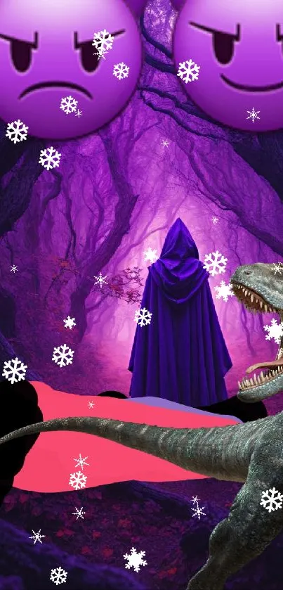 Fantasy wallpaper with dinosaur, emojis, and purple forest scene.