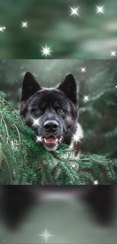 Dog in forest surrounded by stars and green foliage wallpaper.