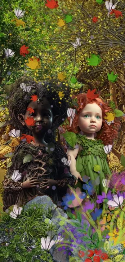 Enchanted dolls in vibrant forest with butterflies.