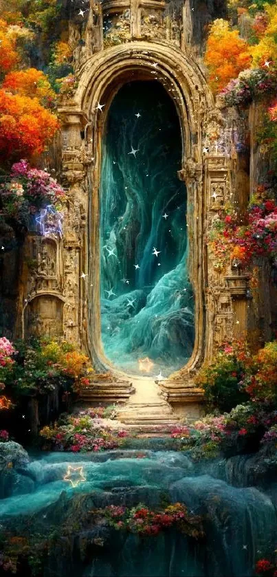 Mystical forest doorway with vibrant flowers and teal waterfall.