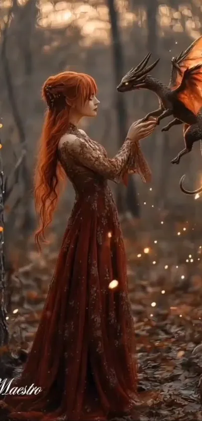 A red-haired woman holds a dragon in a mystical forest scene.