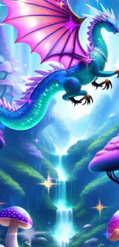 Mystical dragon flying over a vibrant forest with cascading waterfalls and colorful mushrooms.