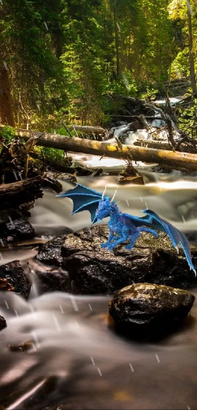 Enchanting forest with blue dragon by a flowing river.