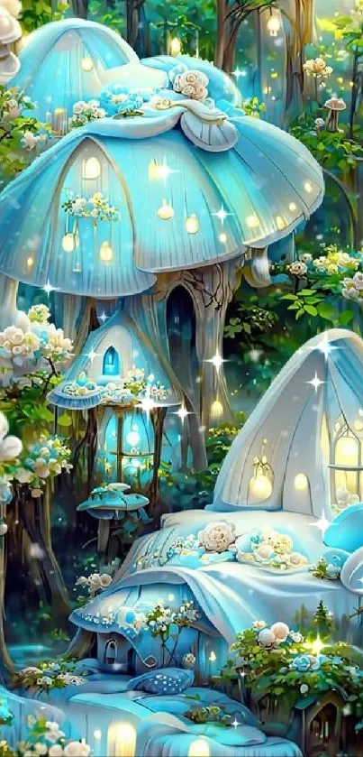 Enchanted forest with glowing mushroom houses and dreamy lights.