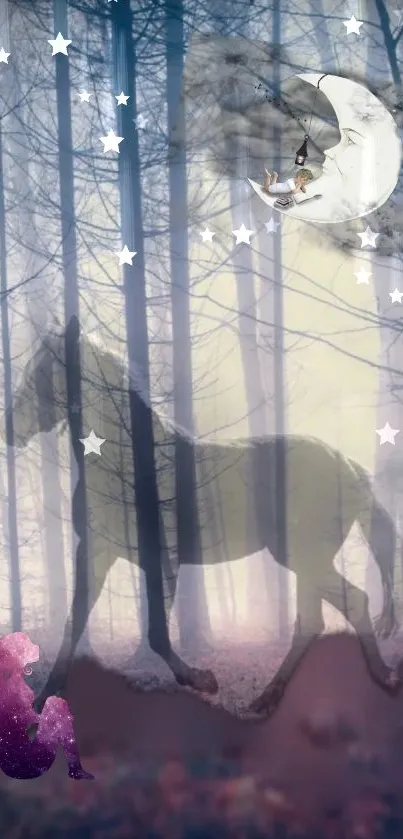 Enchanted forest scene with horse silhouette under a starry sky.