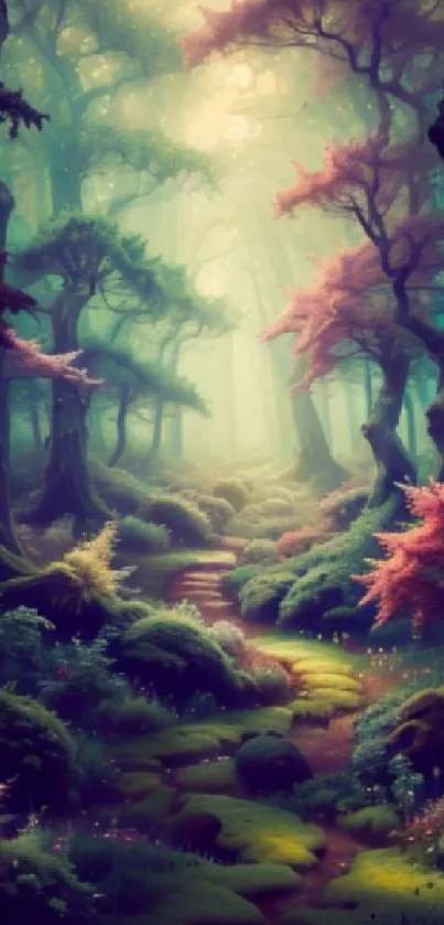 Magical forest with vibrant colors and enchanting pathways.