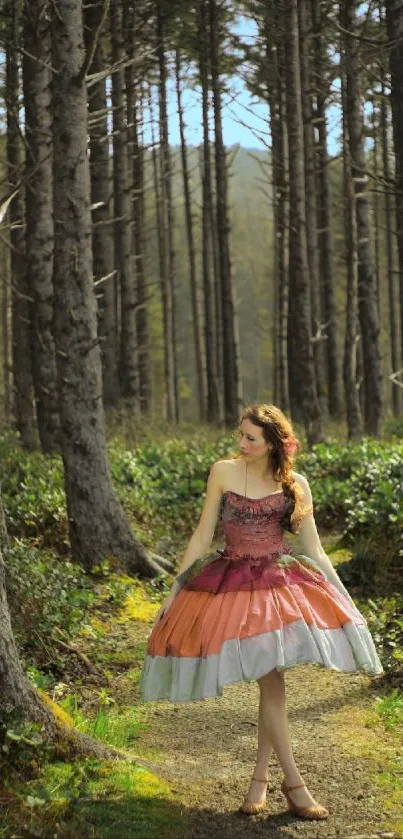 Woman in autumn dress walking through an enchanting forest path.