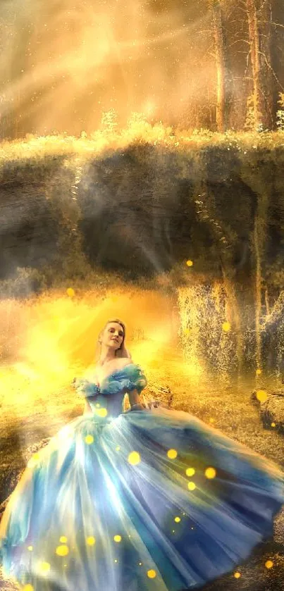 Enchanting forest scene with a luminous gown and golden light, perfect for fantasy lovers.