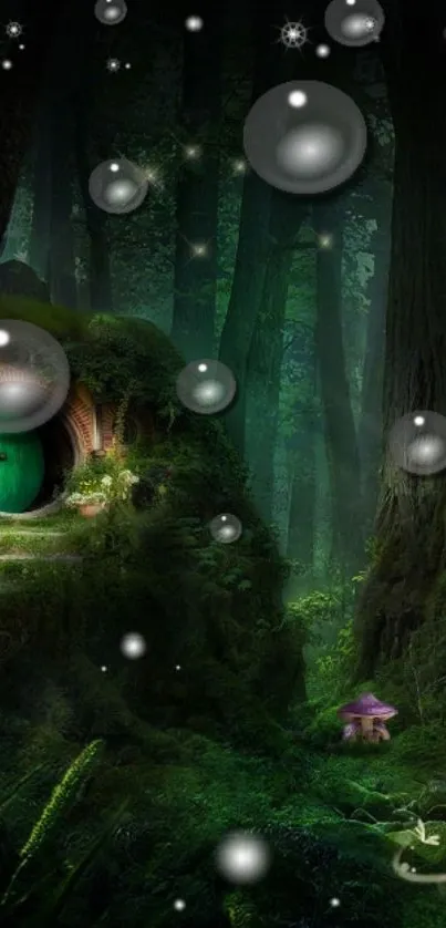 Fantasy forest with hobbit house and bubbles.