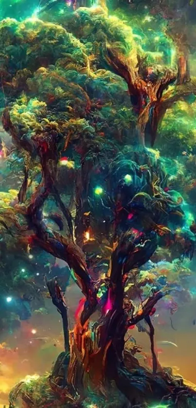 Fantasy forest with mystical tree and vibrant colors.