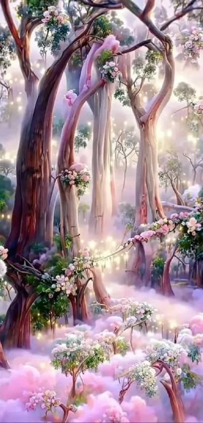 Enchanted forest with glowing lights and pink mist.