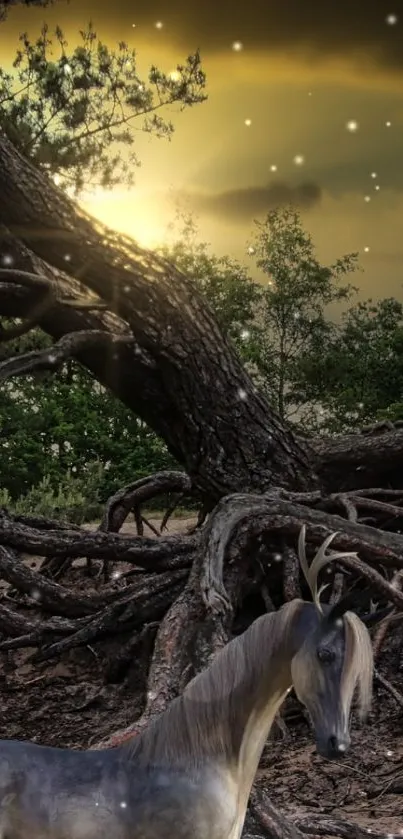 Mystical creature in enchanted forest with glowing sky and ancient trees.