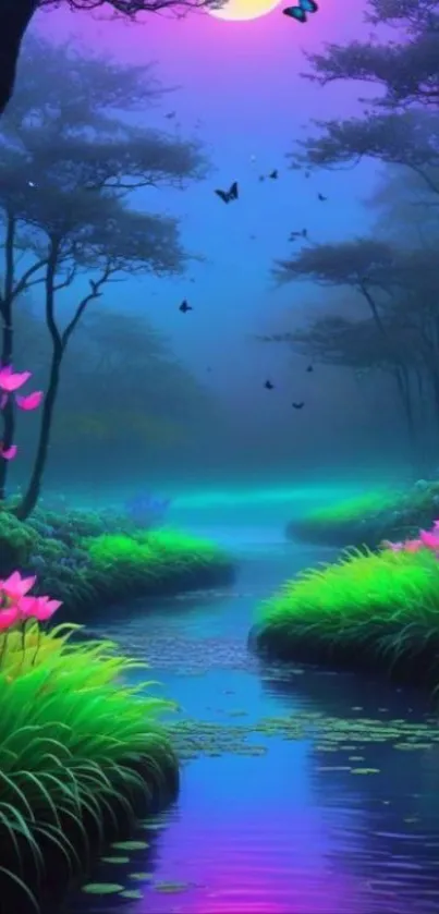 Vibrant enchanted forest with colorful flowers and a serene stream under the moonlight.