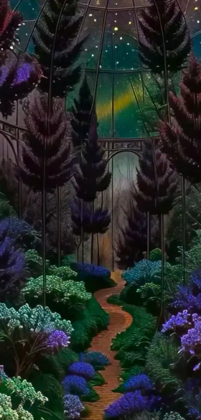 Enchanted forest under starlit sky with vibrant flowers.