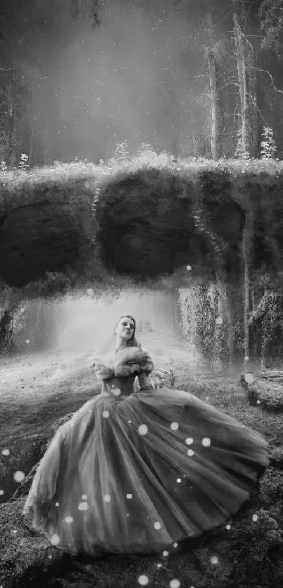 Mystical woman in flowing dress in an ethereal forest under a starlit sky.