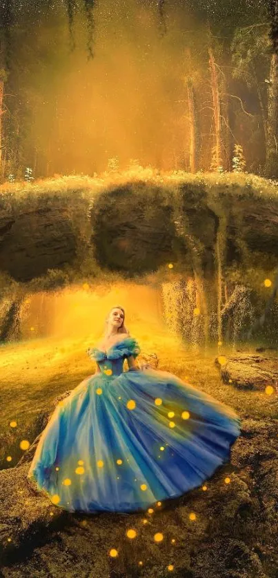 Fairytale princess in blue dress amidst glowing forest scene.