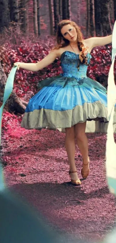 Woman in a blue dress in an enchanted forest path.