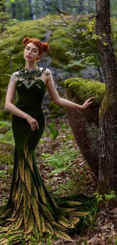 Woman in magical green dress in lush forest setting.