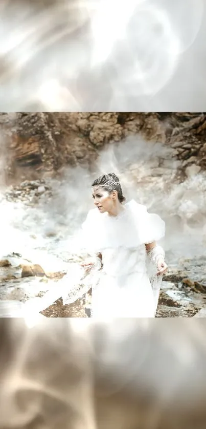 Elegant woman in white amidst a smoky, rustic forest setting.