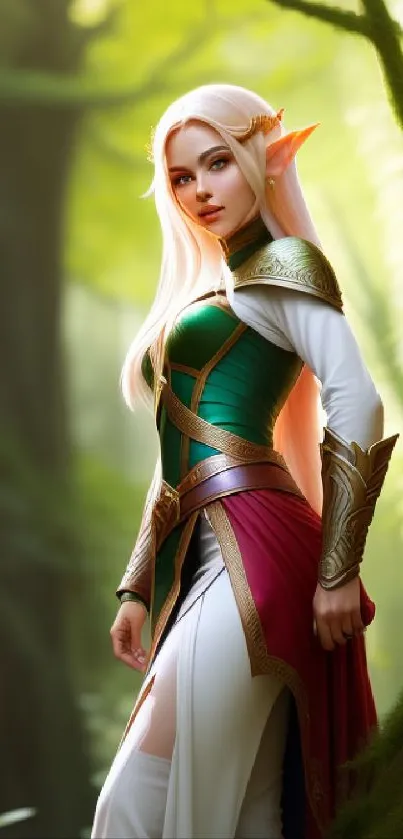 Beautiful forest elf in vibrant green attire amidst lush mystical surroundings.