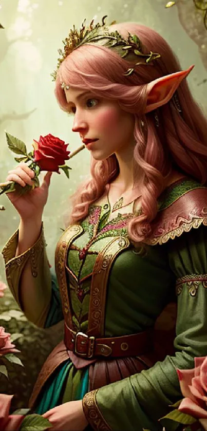 Elf in a green dress holding a rose in an enchanted forest.