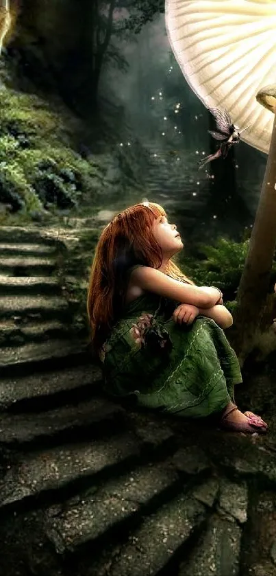 Fairy and child on mystical forest stairs under mushroom light.