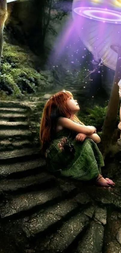 A fantasy forest scene with fairies and a mystical glow.