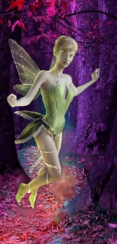 Fairy in a mystical purple forest with vibrant wings.