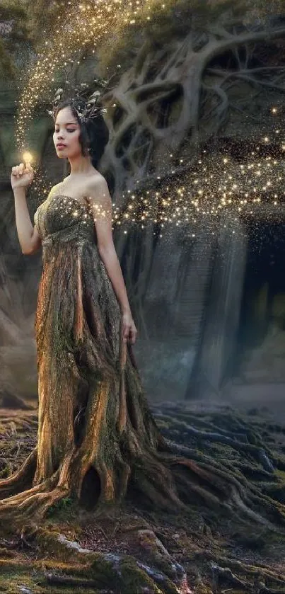 Mystical forest fairy with glowing lights scene.