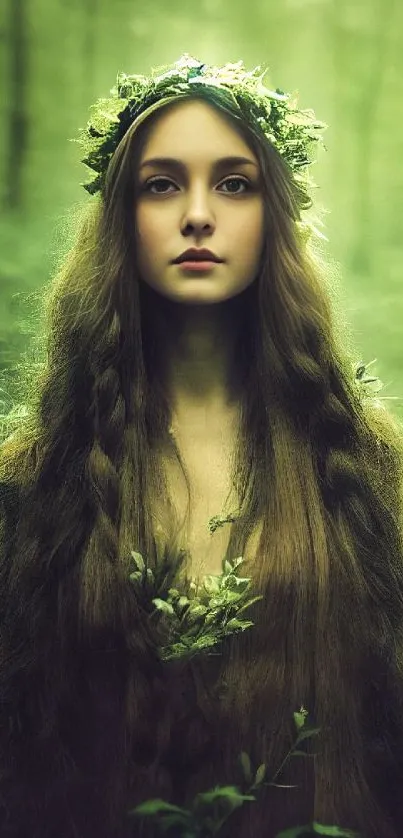 Ethereal fairy in magical forest, surrounded by lush greenery.