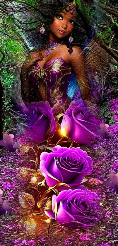 Vibrant forest with fairy and purple roses in mystical scenery.