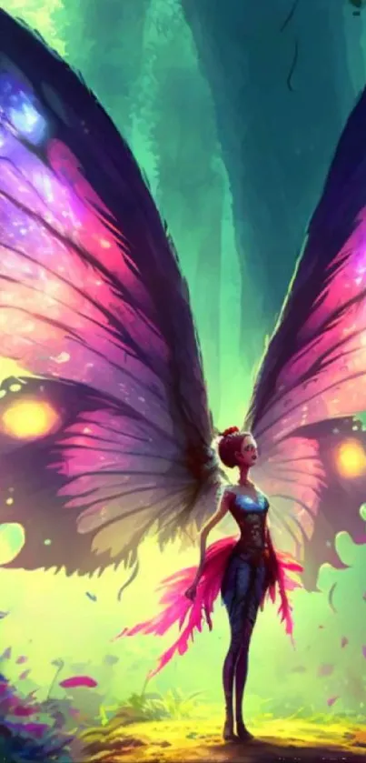 Fantasy fairy in an enchanted forest with colorful butterflies.