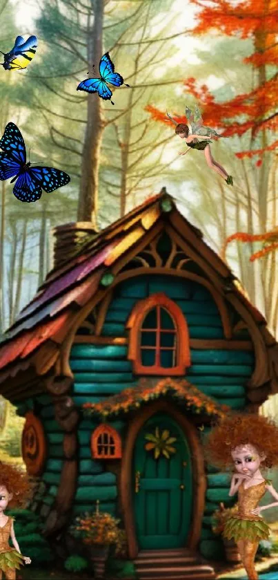 Fairy cabin in enchanted forest with butterflies.